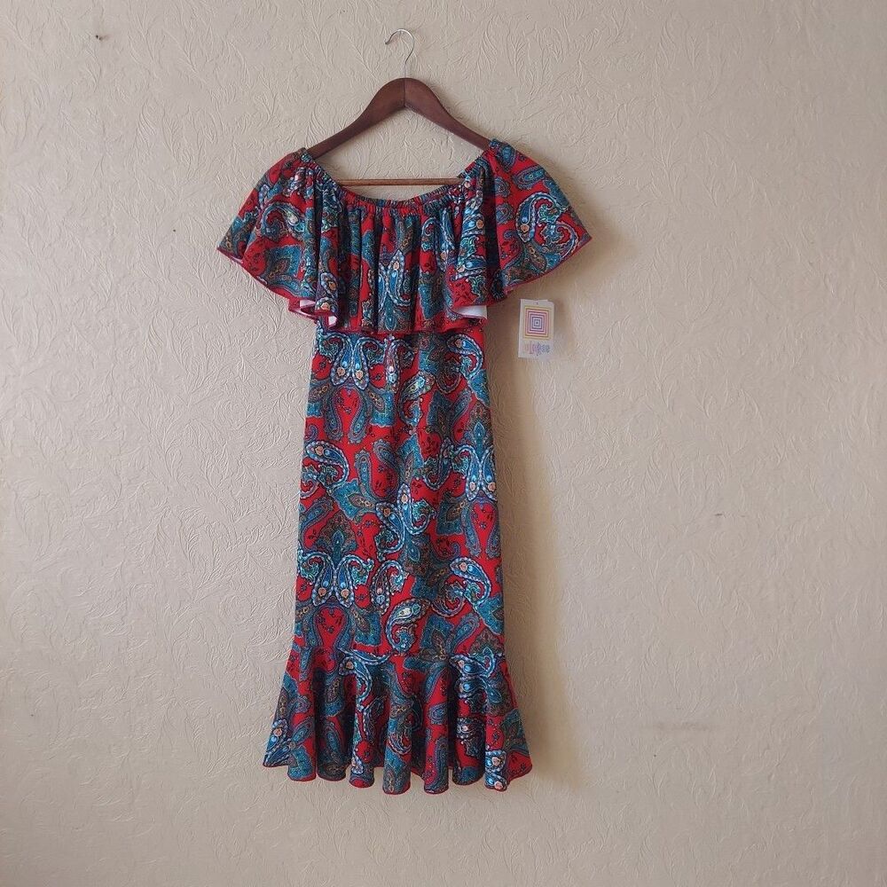 Lularoe Cici Dress Off-the-shoulder Ruffle Midi Red Blue Paisley NEW Sz XXS